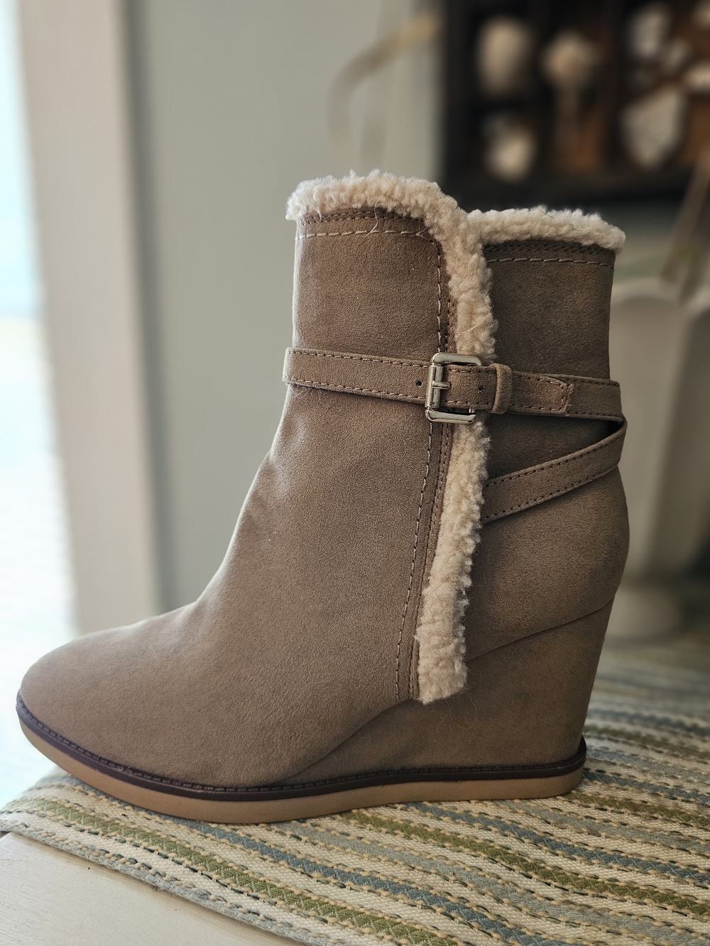 Unisa Taupe Shearling-Trim Wedge Bootie